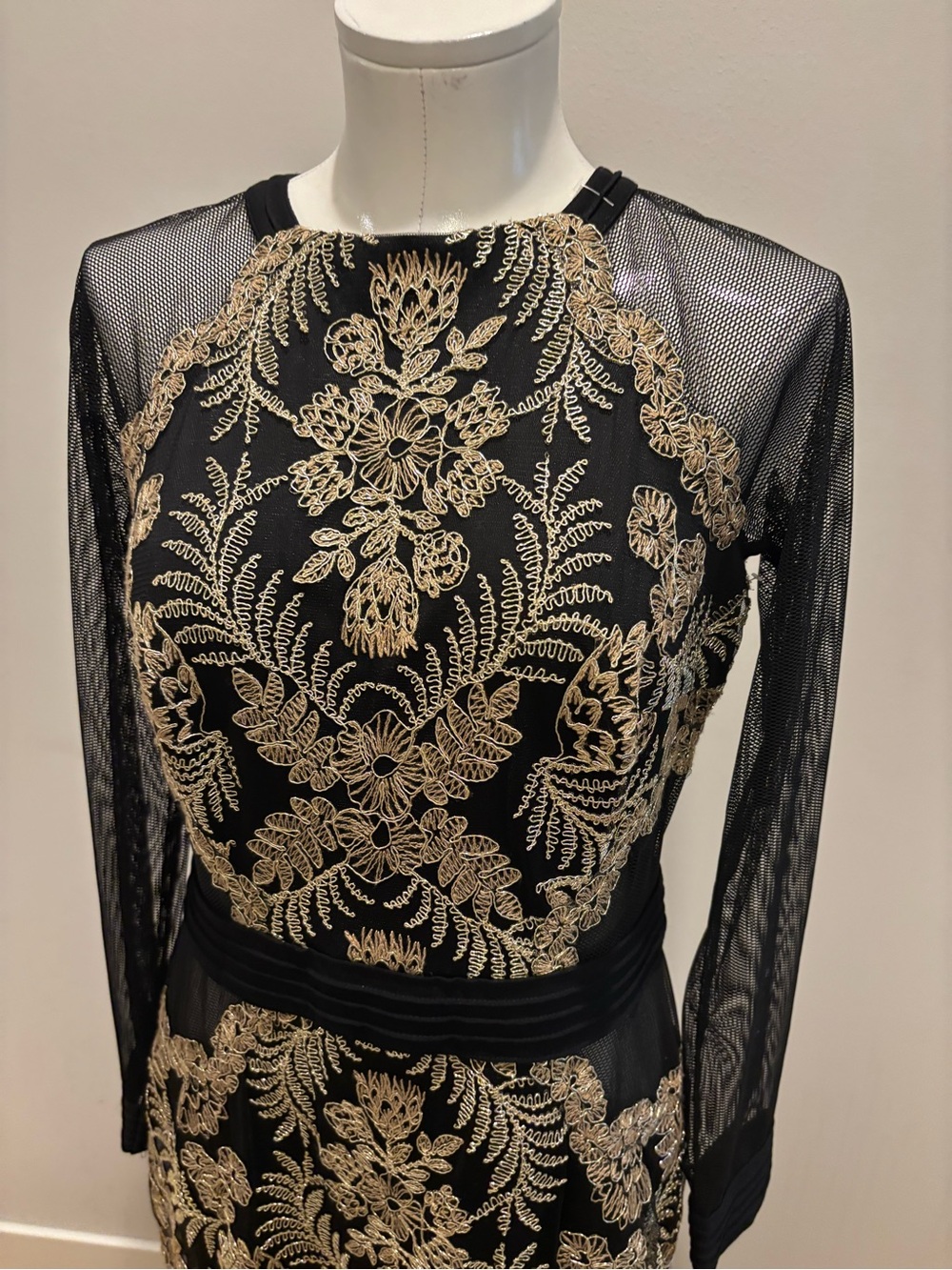Tadashi Shoji Black & Gold Lace-Embroidered Sheer-Sleeve Gown - Picture 6 of 12